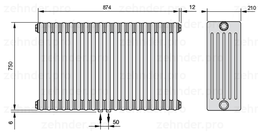 Схема (чертеж) Радиатор Zehnder Charleston 6075/19 №3470 Белый глянцевый RAL 9016
